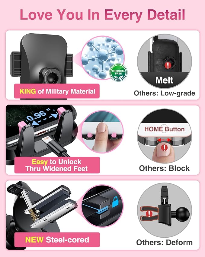 VANMASS【85+LBS Strongest Suction & Military-Grade Ultimate Car Phone Mount【Patent & Safety Certs】 Cell Phone Holder for Dash Windshield Vent for iPhone 17 Pro Max Automobile Accessory Kits,Light Pink