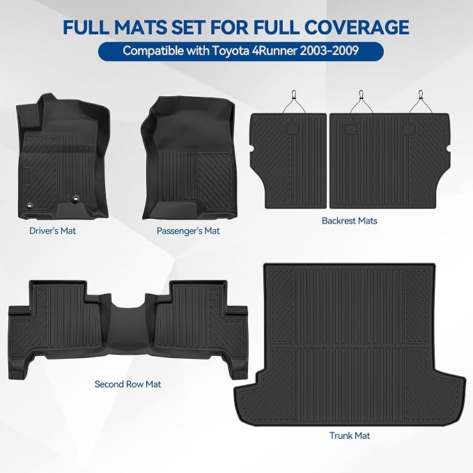 Custom Fit Floor Mats for Toyota 4Runner 2003-2009 | All Weather TPE Floor Liners with Trunk Mat & Backrest Protectors | Odorless Full Set Interior Accessories