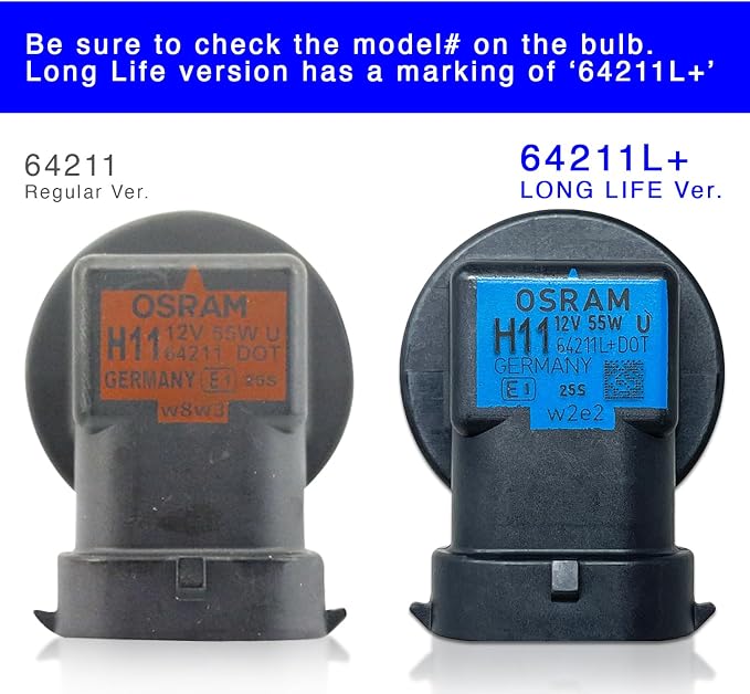 OSRAM H11 OEM Original Standard Halogen Headlight Bulbs 12V 55W 64211L+ (Long Life) Made in Germany | Pack of 2 | Long Life, 3200K, 12V, 55W, PGJ19-2 Base, Made in Germany