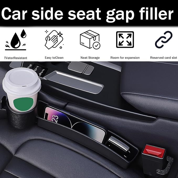 2PCS Car Seat Gap Filler Organizer with Cup Holder, Multifunctional Side Seat Crevice Blocker Plug with Storage Slot, No-Drop Auto Console Side Gap Stopper Organizer, Universal Fit (Beige)