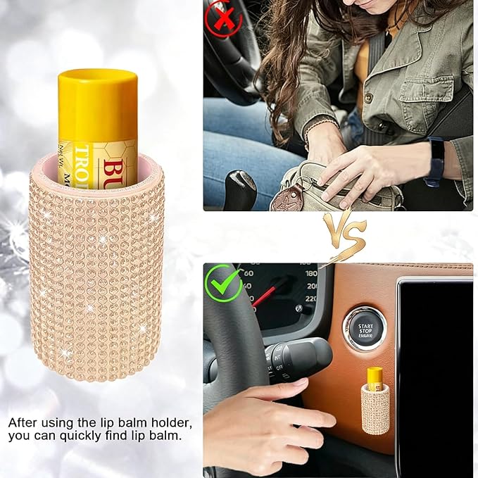 Upright Car Chapstick Holder, Bling Insulating Lip Balm Holder,Rhinestone Car Accessories for Women Interior ,Suitable for Most Vehicles. (Champagne Gold)