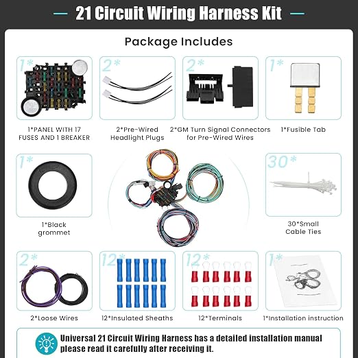 Universal 21 Circuit Wiring Harness Kit Standard Color 17 Fuses | Universal Extra Long Wire 21 Circuit Wiring Harness for GM Chevy Chrysler Dodge Ford Hotrods Plymouth Mopar Mercury Ratrods