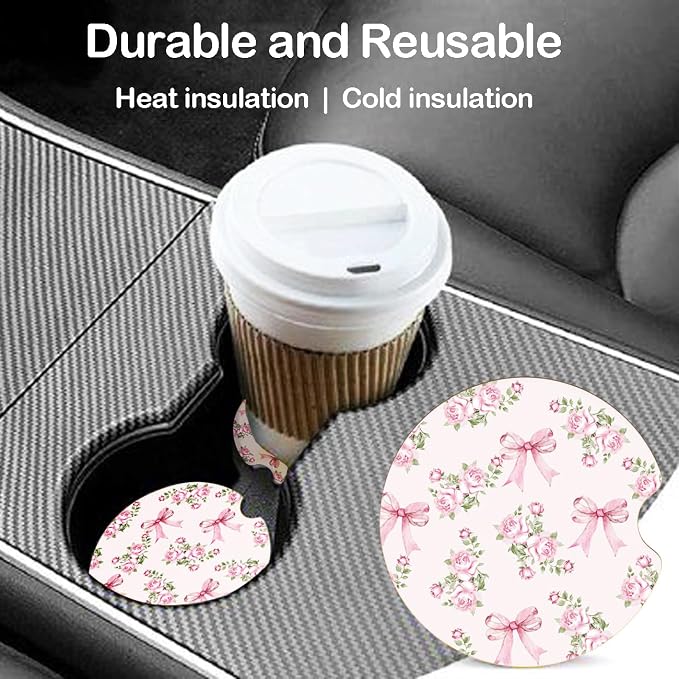 Ceramic Car Coasters – Absorbent Car Cup Holder Coaster Set for Women, Cute Aesthetic Car Accessories for Girls, 2 Pack (Blush)