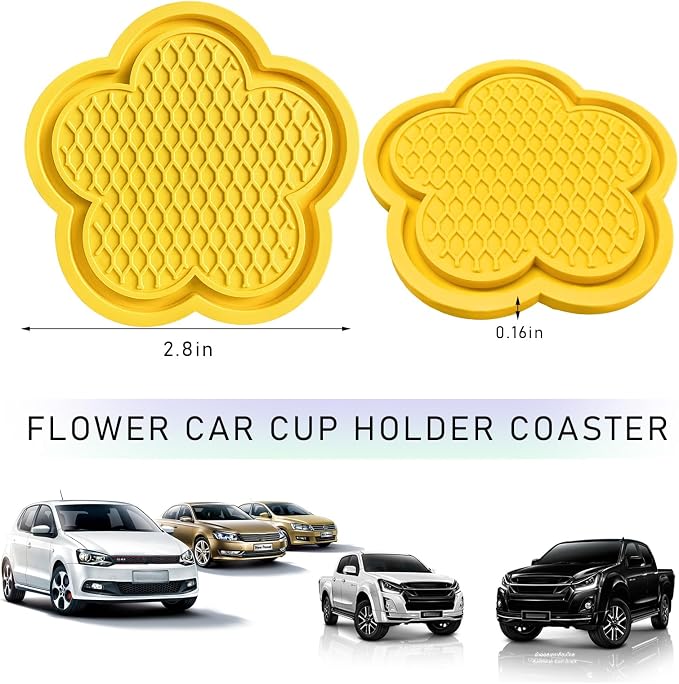 DXNQ 4 PCS Car Cup Coasters, Cute Flower Shaped Car Cup Holder Mat, PVC Waterproof Anti Slip Vehicle Cup Holder Insert Coaster, Universal Car Interior Decor Accessories (Yellow)