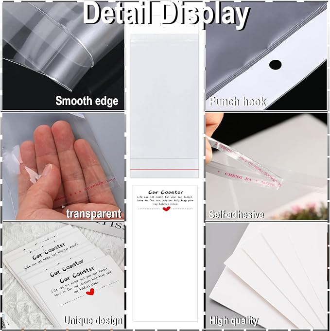 100PCS Car Coasters Packaging for Selling, Sublimation Blanks Car Coaster | Sublimation Display Card Set with Bags and Cards 6.8 x 2.9 Inch,Heat Press Machines Accessories(White)