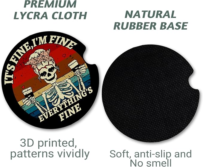 Yonlevres Car Coasters for Cup Holders，2.75" Anti Slip Rubber Mat with A Finger Notch, 2 Pack Car Cup Holder Coasters for Car Interior Accessories for Women Men Skeleton Skull