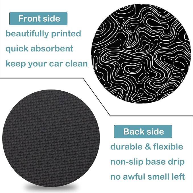 Car Cup Holder Coasters, 2 Pack – 2.75" Universal Auto Anti-Slip Insert Coaster, Rubber Car Coasters, Personalized Car Accessories for Women & Men (Topography)