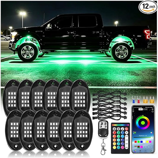 12Pods RGB LED Rock Lights Kit with APP/RF Remote Control Dual Zone Brake, Car Underglow Lights Multicolor Neon Underbody Lights Waterproof 12V for Trucks Pickup Jeep Golf Cart SXS ATV