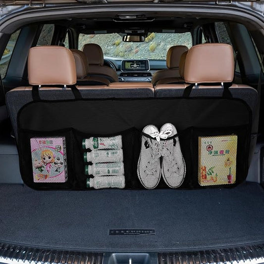 Car Trunk Organizer, Large Capacity Backseat Hanging Storage Bag with 4 Pockets, Waterproof Foldable Car Interior Organizing Accessories, Universal for SUV, Truck, Van, MPV (Black)