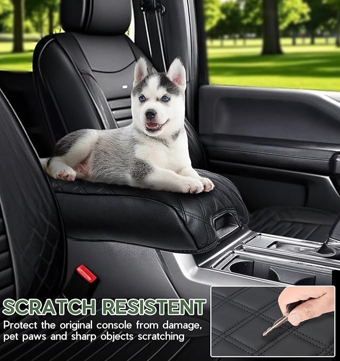 Center Console Cover for Ford F150 2021 2022 2023 2024 2025 Truck Interior Accessories, PU Leather Armrest Middle Console Cover Anti-Scratch Protector Cushion Pad (Bucket Seat Only)