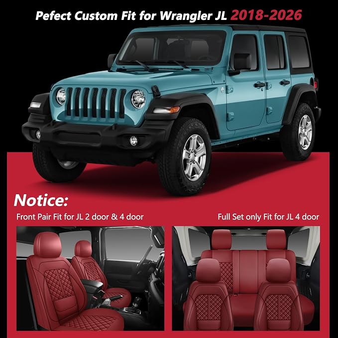 Wrangler Seat Covers 2018-2026,Custom Fit for Jeep Wrangler JK JL 4 Door Unlimited Sahara/Sport/Rubicon X 392 Willys,Waterproof Faux Leather and Lumbar Support (Wine Red, Full Set-5 seats(18-26))