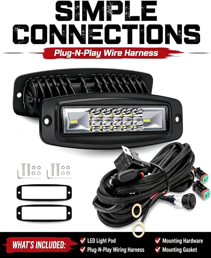 7 Inch Flush Mount LED Pods 2PCS 120W Fog Lights Bumper Reverse Light Bar | 120W 12000LM Spot Flood Combo Beam Driving Work Backup Lights with Wiring Harness Kit - IP68 Waterproof for Truck SUV ATV