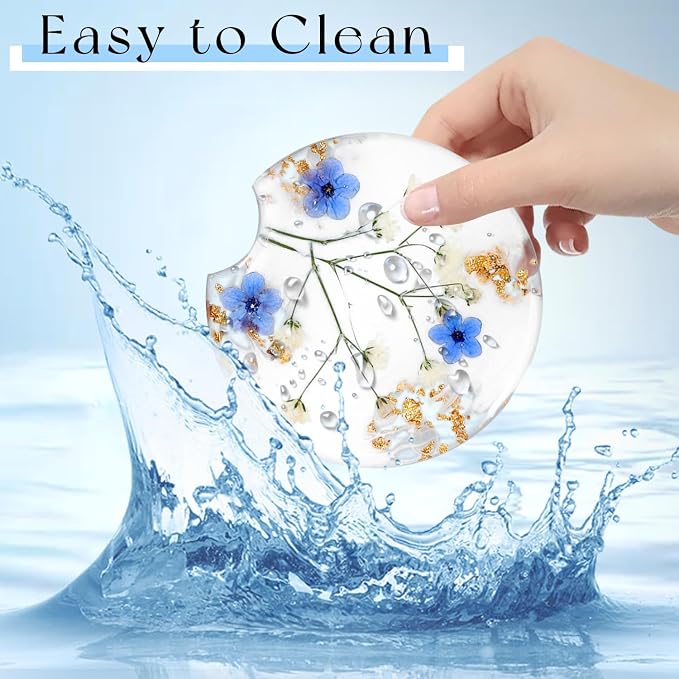Swooflia Flower Car Cup Holder Coasters for Women - 2.75 Inch Cute Resin Clear Automotive Drink Cupholder Insert Car Accessories 2 Pack Blue