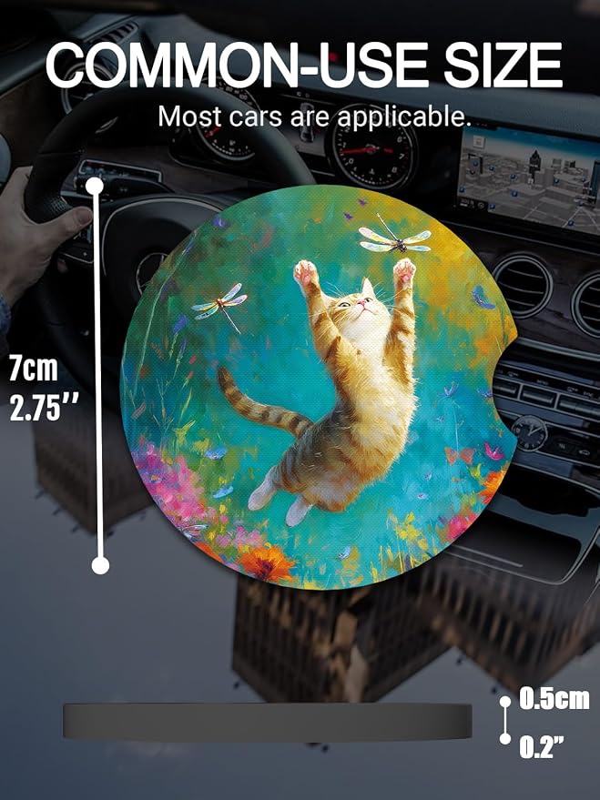 WOCOCN Cute Cup Holder Coasters for Your Car with Fingertip Grip, Auto Accessories for Women & Men,Pack of 2 (Swimming Black Cat)