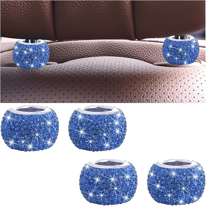 4PCS Bling Car Headrest Collars, Crystal Rhinestone Vehicle Head Rest Collars Decorative Rings, Diamond Automotive Seat Interior Charms Accessories, Universal for SUV, Sedan, Truck (Blue)