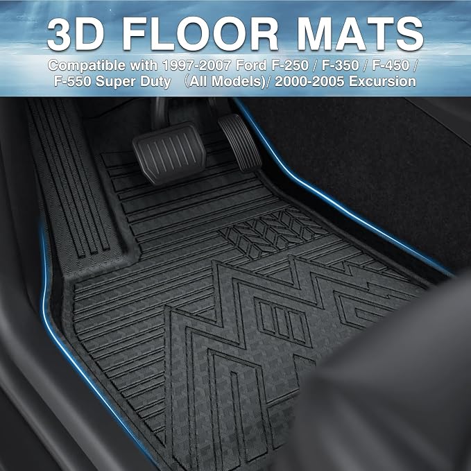 Mixsuper Custom Fit Front Floor Mats for 1999 2000-2007 Ford F-250 / F-350 / F-450 / F-550 Super Duty (All Models) / 2000-2005 Excursion, All Weather Floor Liner Durable 1st Row Set Black