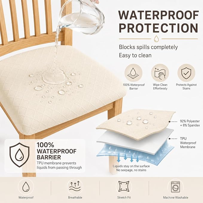 NILUOH Waterproof Seat Covers for Dining Room Chairs Set of 4, Stretch Jacquard Chair Seat Slipcovers Dining Chair Cover Removable Washable Chair Protctor Cover, Rear Covers (Beige)