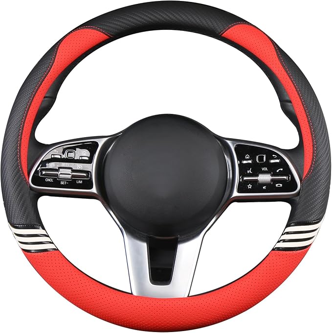 15 inch Cute Leather Steering Wheel Cover Black and Red | Breathable Non-Slip Faux Leather and Carbon Fiber Car Accessories for Women Men Universal 14.5 inch to 15 inch
