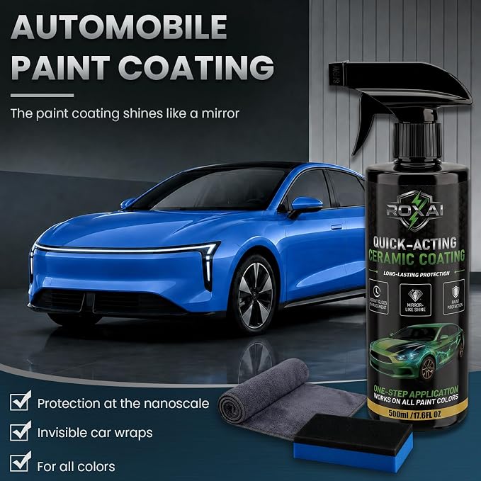 ROXAI Car Coating Spray, 17.6 oz Hydrophobic Ceramic Spray Wax for Paint Protection, Quick Detailer Waterless Wash & Sealant, Adds Gloss & Smoothness, Long-Lasting Shine for Cars, Trucks, SUVs