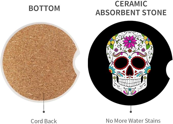 Britimes Absorbent Car Coasters 2 Pack for Cup Holders, 2.56" Ceramic Stone & Non-Scratch Cork Base Drink Coasters Sugar Skull