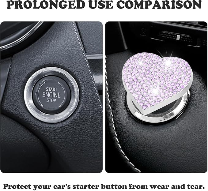 Bling Push Start Button Cover with Rhinestone,Heart Push to Start Button Cover for Car Decor,Diamond Engine Start Buttons Cover Car Accessories Interior for Women & Girl (Purple)