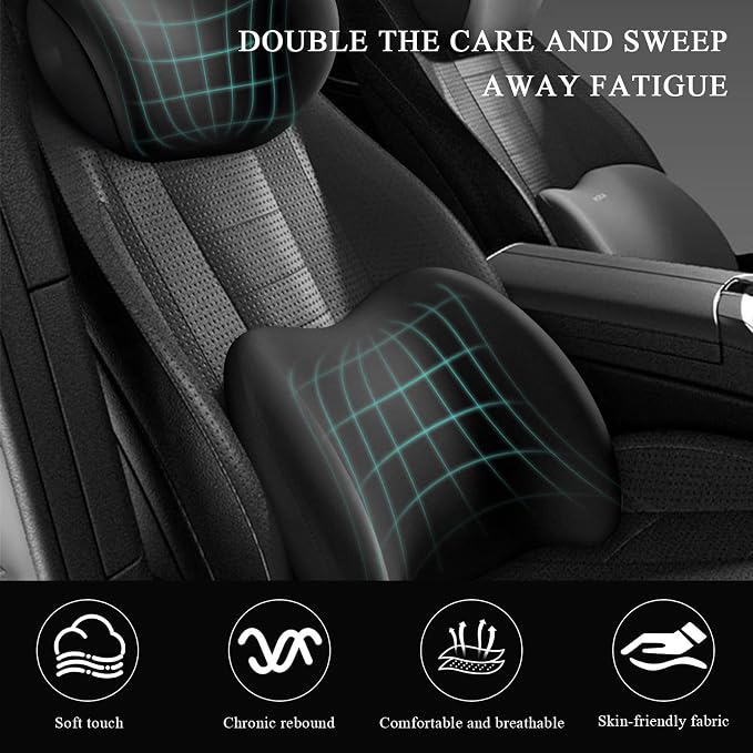 Car Headrest & Lumbar Support Cushion, Ergonomic Memory Foam Car Neck Back Support w/Removable Cover, Universal Breathable Lumbar Cushion Headrest Pillow with Adjusatble Strap (Black)