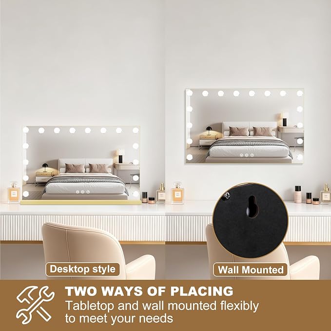 Ratsamee Gold Hollywood Vanity Mirror with Lights, 17 Dimmable Bulbs, 3 Color Lights,Make Up Lighted Mirror, Aluminum Metal Frame, USB Charging Port（26" x 20"）