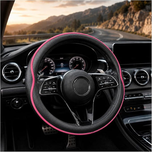 Car Steering Wheel Cover Full Surround - Soft Breathable Anti-Slip Heavyweight Safety Cover, Thick Cushioned Sports Style Universal Fit for Auto Truck SUV (Black/Pink)