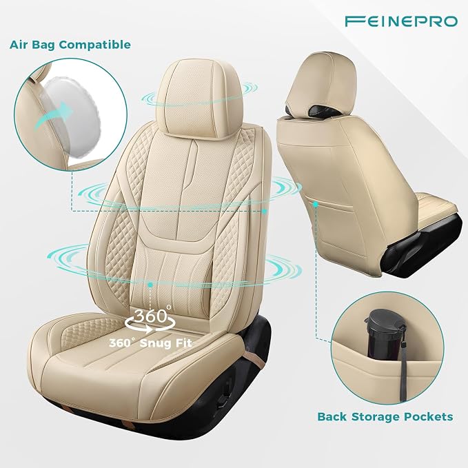 Universal Car Seat Covers for SUVs Sedans Trucks Beige | universal fit, faux leather, waterproof, breathable, stain/scratch resistant, airbag compatible, anti-slip, easy install
