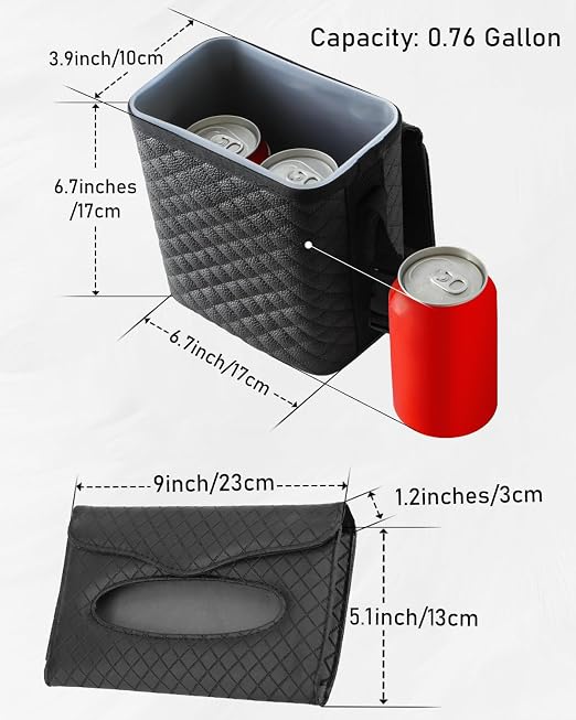 BELINOUS Leather Car Trash Can with Matching Tissue Holder | Waterproof and Leakproof, Mini Car Trash Can with Lid, Adjustable Strap, Small Garbage Bin
