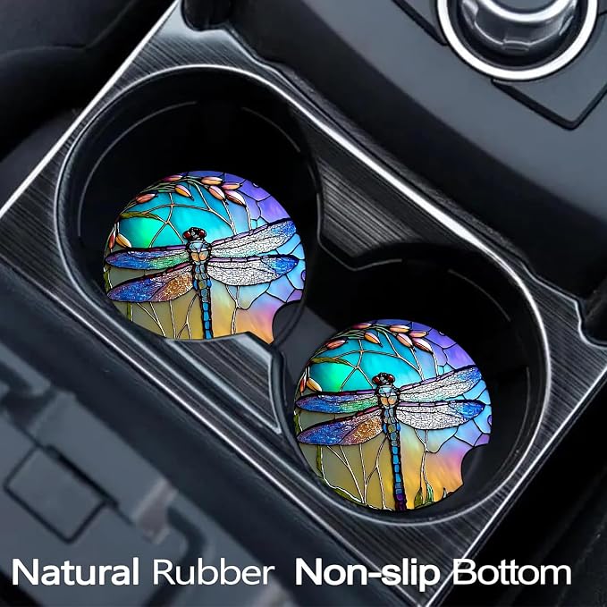 2 Pack Dragonfly Car Cup Holder Coasters Universal Neoprene Coasters | 2.75" Universal Size Anti Slip Rubber Mat, Auto Cup Holder Decor Accessories for SUV Truck, Dragonfly Gifts for Women Mom