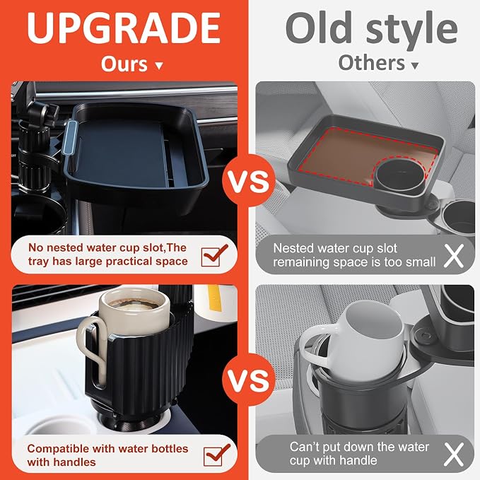 Car Large Cup Holder Expander, 4-in-1 Cupholder Extender with Phone Holder & Swivel and Detachable Snack Food Tray Table for Eating, Travel Essentials for Road Trips for Driver. Model F