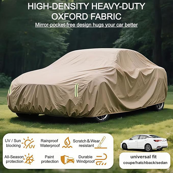 Oxford Car Cover Waterproof All Weather Protector Universal Sedan | 210D Thick Oxford Full Cover with Soft Cotton Liner for UV Hail Snow Ice Dust Protection , 9 Windproof Straps Easy Install