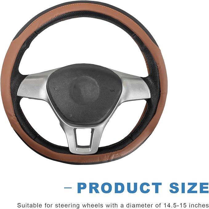 Sun Walker Steering Wheel Cover, Breathable Leather Steering Wheel Covers with Perforated Sides, Anti-Slip Comfortable Grip Auto Sleeve for 14.5-15 Inch Wheels, Car Accessories (Brown)