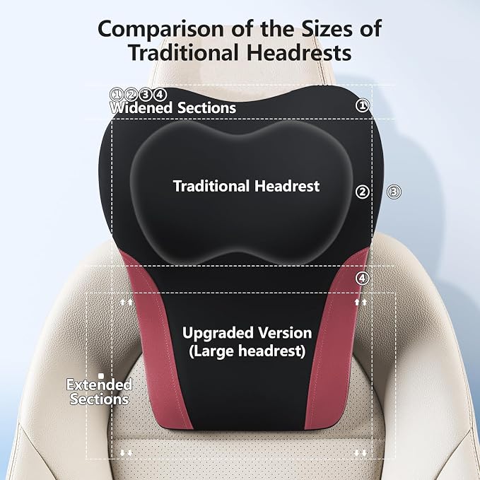 BABUR Car Headrest Pillow, Ergonomic Neck Support for Driving Seat 1 Pcs | Black Red,100% Memory Foam,Universal Fit,Softness,Adjustable Strap,Breathable Removable Cover,Car Rest Pillow for Pain Relief