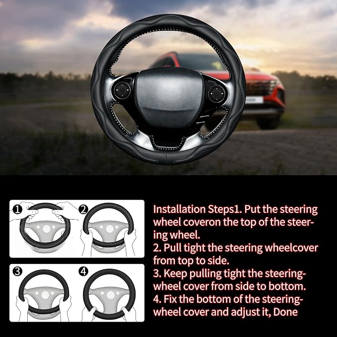 Steering Wheel Cover with Anti-Slip Leather Grip Compatible with Ford, Toyota, Honda, Nissan, and Chevrolet Vehicles for 14.5-15.35 inch Round Steering Wheels Universal Car Accessories