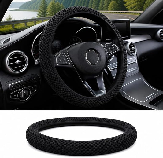 Breathable Elastic Steering Wheel Cover,15 Inch Stretch Steering Wheel Protector,Microfiber Ice Silk Anti-Slip Car Wheel Cover,Odorless Comfort Grip Interior Accessory for Cars SUV Truck（Black）