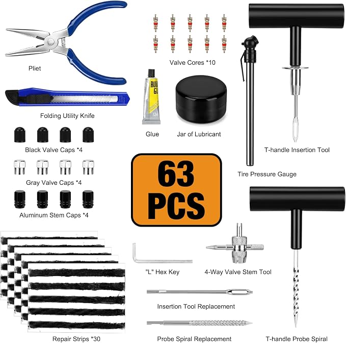 63PCS Flat Tire Repair Kit, Tubeless Tire Repair Kit, Tire Plug Kit Heavy Duty Professional, Emergency Tire Fix Tool for Car, Motorcycle, ATV, Tractor, RV, Truck