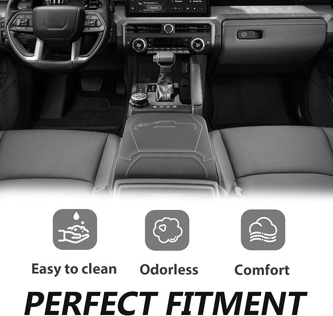 Muslogy Center Console Armrest Cover Fit for Toyota Tacoma 2024 2025 2026 Accessories, Comfort Armrest Pad Console Lid Cushion Protector Vegan Leather Regular Thick(Black/Gray Trim)