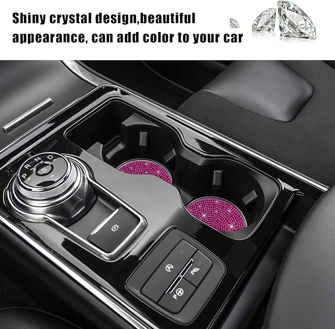 Ziciner 2PCS Bling Car Cup Holder Coaster, 2.73 Inch Anti-Slip Cup Insert Coasters, Crystal Rhinestone Auto Drink Cup Mat, Universal Interior Decor Car Accessories for Women Girls (Rose Red)