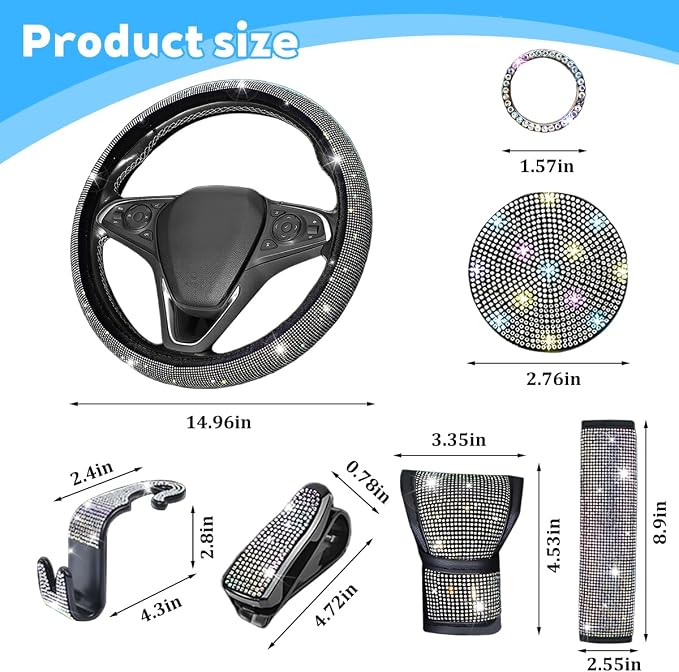 8PCS Bling Car Accessories Set, Sparkly Rhinestone Vehicle Steering Wheel Seat Belt Gear Shift Start Stop Button Cover, Diamond Auto Cup Holder Coaster Decoration, Universal Fit (Multicolor)