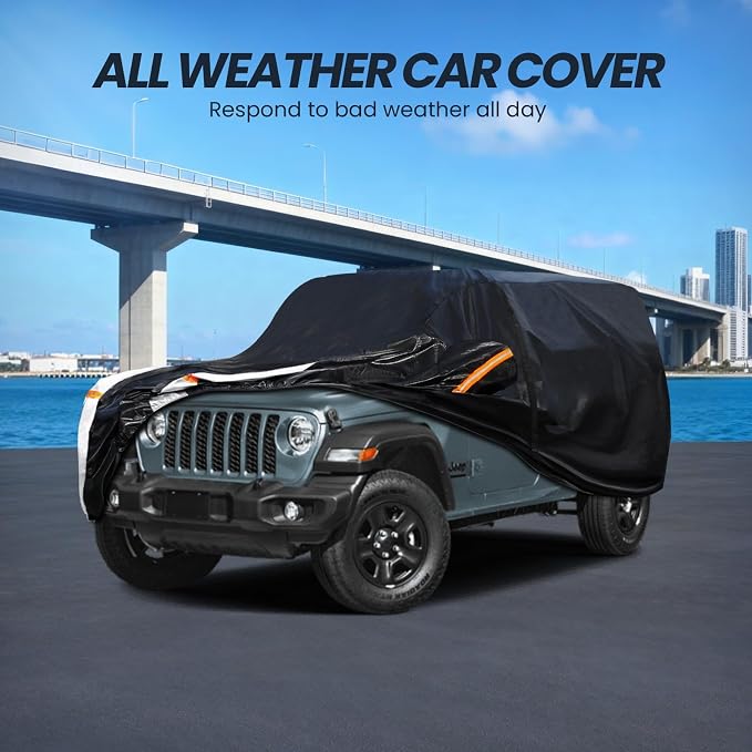 Multi-Layer Car Cover Custom Fit for Jeep wrangler 4 Dr/Unlimited 4 Dr JK JL(1987-2026), 100% Waterproof All Weather for Automobiles, Gift with Towel, Heavy Duty Car Covers for Rain Sun UV Protection.