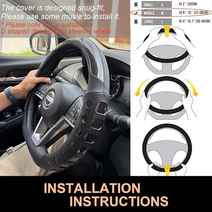 PINCTROT D Shaped Race Grip Steering Wheel Cover, Anti Slip Silicone Perforated Design with Soft Touch Padding, Enhanced Grip for Sporty Driving Flat Bottom 14.5-15 Inch (Racing Black)