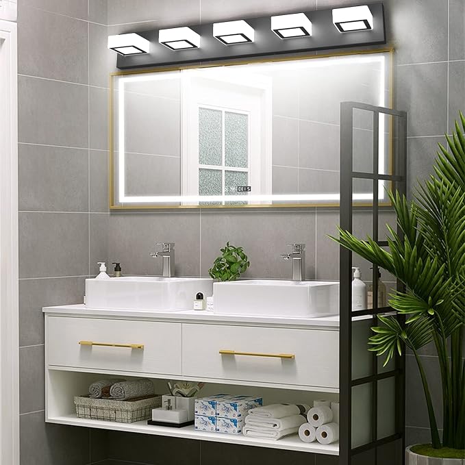 Ralbay Modern Black Bathroom Lighting Fixtures 5 Lights Adjustable Acrylic Vanity Lights Fixtures Modern LED Matte Black Bathroom Vanity Lights Over Mirror(Natural White Light)
