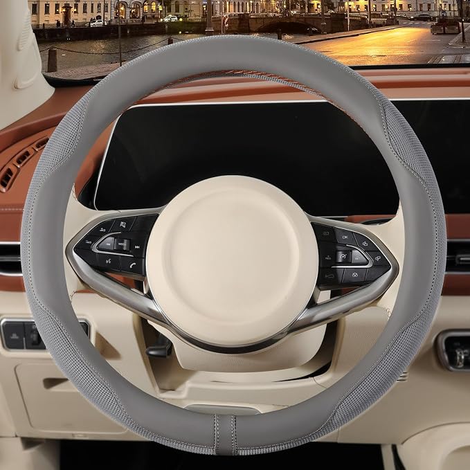 Nappa Leather Ice Silk Fabric Grey Steering Wheel Cover | Non-Slip Breathable Soft Car Accessories, Warm in Winter and Cool in Summer, Small 13.5 inch to 14 inch for Prius Golf Cart
