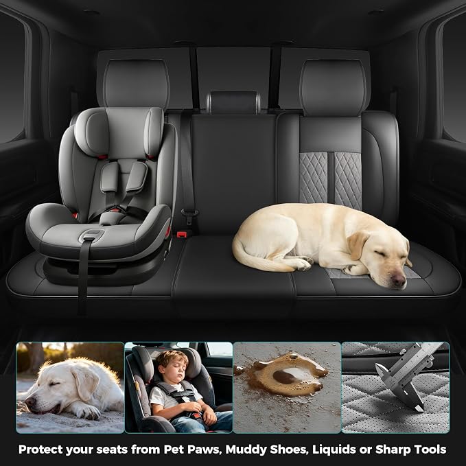 Seat Covers for 2019-2026 Dodge Ram 1500/2500/3500, Flat Bench | lumbar padded, premium waterproof leather, full coverage, anti-slip, storage pockets, long-term durability, airbag compatible