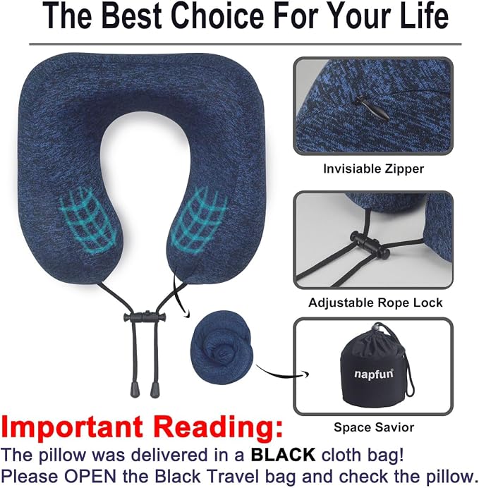 napfun Neck Pillow for Traveling, Upgraded Travel Neck Pillow for Airplane 100% Pure Memory Foam Travel Pillow for Flight Headrest Sleep, Portable Plane Accessories, Blue