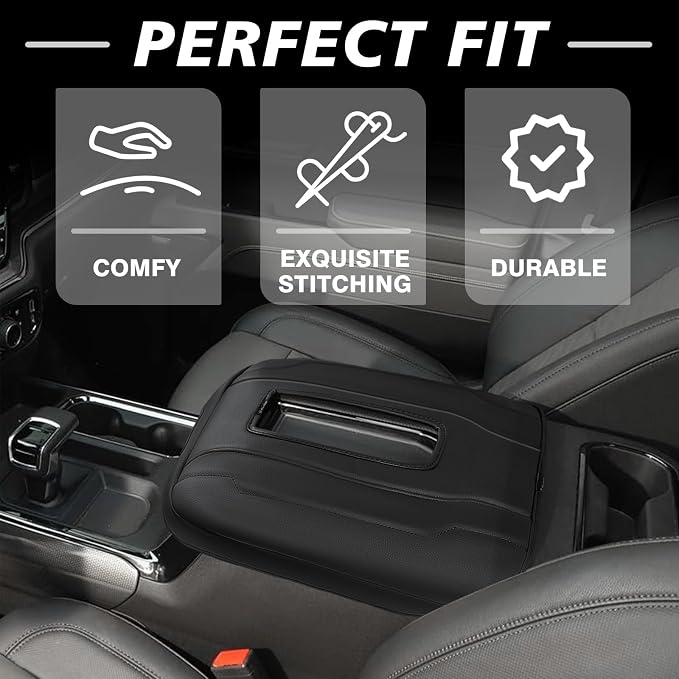 Muslogy Center Console Armrest Cover Fit for Chevy Silverado & GMC Sierra 1500 2500 3500 2022-2026 Accessories, Comfort Armrest Pad Console Lid Cushion Vegan Leather Regular Thick(Bucket Seat ONLY)