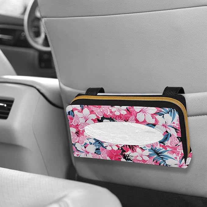 Pink Tropical Flower Car Visor Tissue Holder for SUV Sedans Vans Tropical Flower Premium Car Tissue Box PU Leather Wear Proof Universal Fit