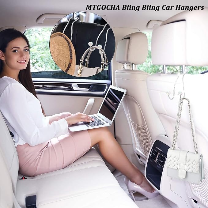 Bling Purse Hook for Car Headrest, Upgraded Cute Car Seat Hooks for Bag Handbag, Durable Stainless Auto Purse Hanger Holder 2 Pack, White